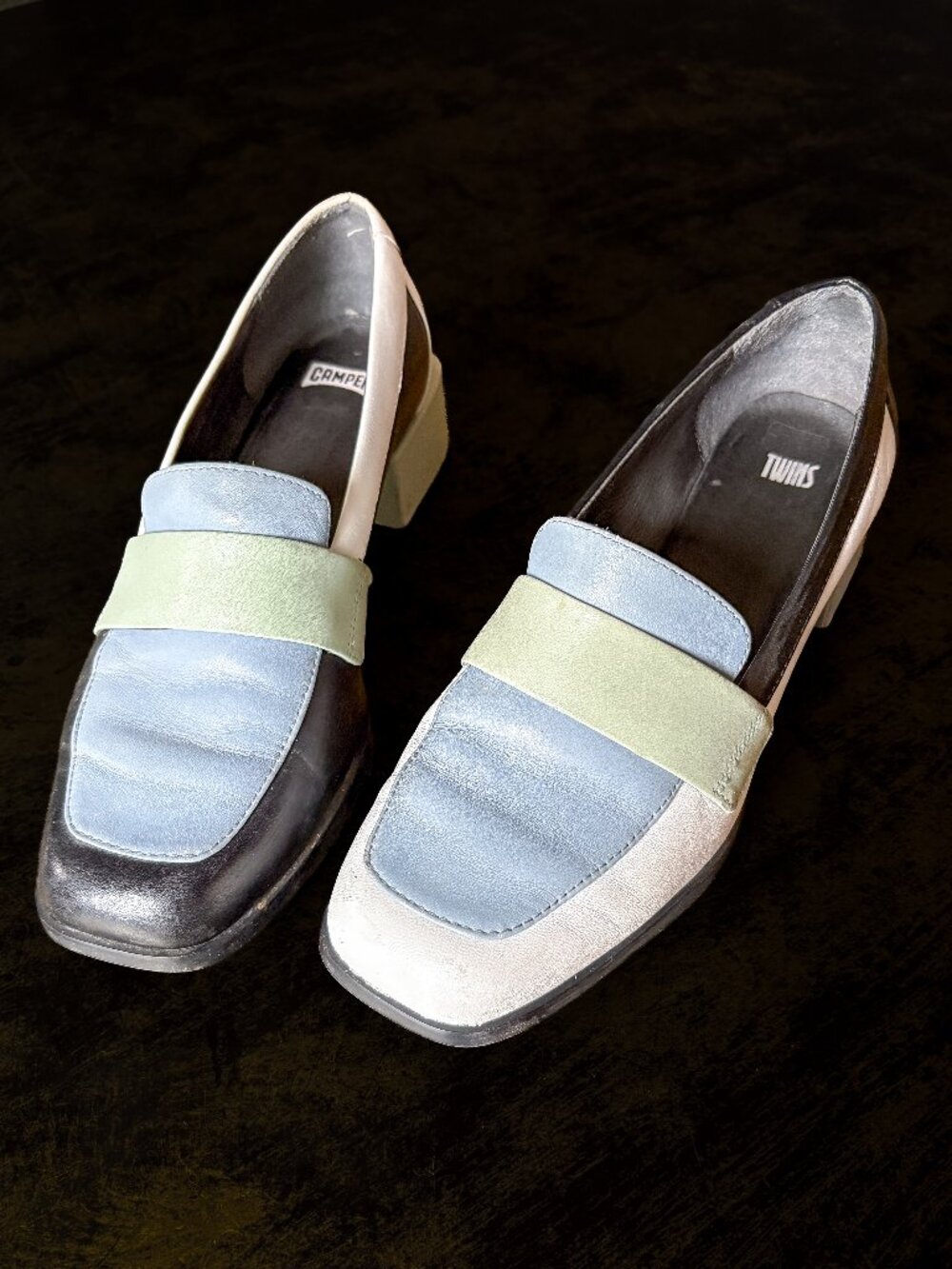Camper Twins Two-Tone Leather Loafers in Light Blue, Mint & Black Sz 38/7.5